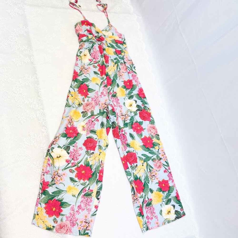 NWT Women's Vibrant Linen Whimsical Romper Twist Top Floral Jumpsuit One Piece
